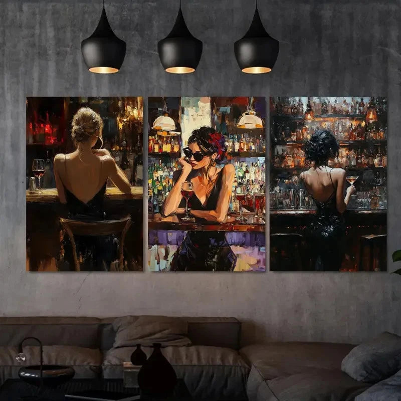 3pcs Stylish Women at the Bar Metal Print Ready to Hang Art