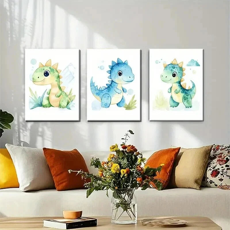 3pcs Cute Dinosaur Adorable Cartoon Perfect Wall Art Set Canvas Framed 40x60cm - High Quality Print 100% Australian Made Wall Canvas Ready to Hang