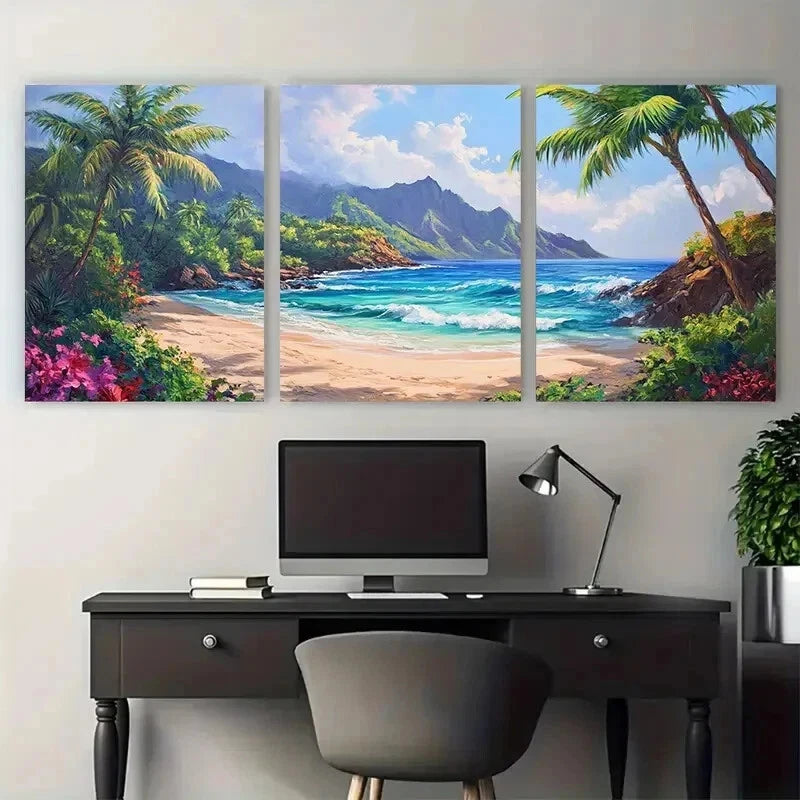 3pcs Hawaiian Landscape Tropical Beach Wall Art Set Canvas Framed 50x70cm - High Quality Print 100% Australian Made Wall Canvas Ready to Hang