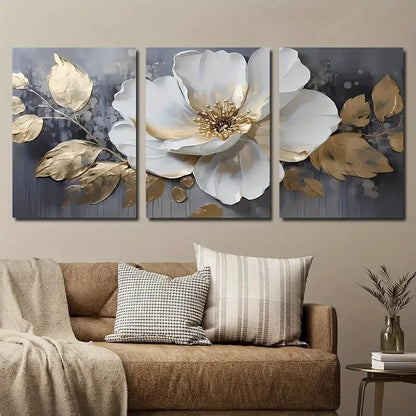 3pcs Elegant White & Golden Flowers Perfect Wall Art Set Canvas Framed 40x60cm - High Quality Print 100% Australian Made Wall Canvas Ready to Hang.