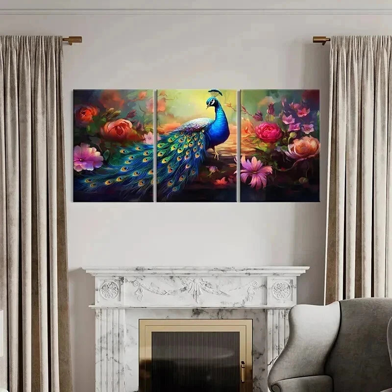 3pcs Peacock & Flower Abstract Aesthetic Wall Art Set Canvas Framed 40x60cm - High Quality Print 100% Australian Made Wall Canvas Ready to Hang