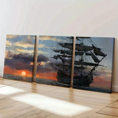 3pcs Vintage Nautical Pirate Ship in Sunset Wall Art Set Canvas Framed 40x60cm - High Quality Print 100% Australian Made Wall Canvas Ready to Hang