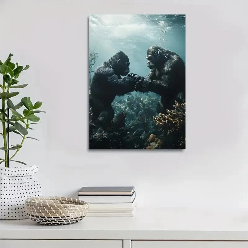 Gorillas Playfully Wrestling Underwater in Coral Reef 40x60cm Metal Print Ready to Hang