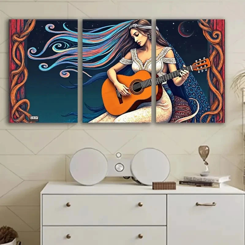 3pcs Woman Playing Guitar Cosmic Design Wall Art Set Canvas Framed 50x70cm - High Quality Print 100% Australian Made Wall Canvas Ready to Hang
