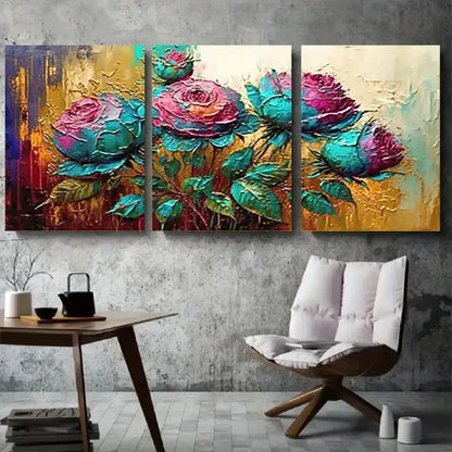 3pcs Vibrant Teal & Pink Roses Textured Wall Art Set Canvas Framed 40x60cm - High Quality Print 100% Australian Made Wall Canvas Ready to Hang