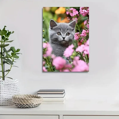 Adorable British Shorthair Kitten with Vibrant Flowers 40x60cm Metal Print Ready to Hang