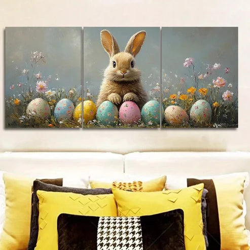 3pcs Adorable Easter Bunny with Eggs Wall Art Set Canvas Framed 60x90cm - High Quality Print 100% Australian Made Wall Canvas Ready to Hang
