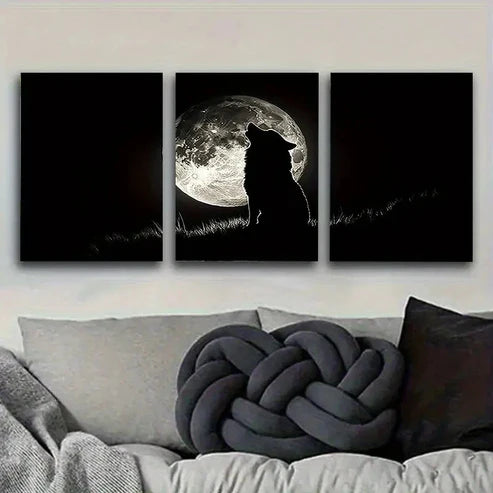 3pcs Silhouette of Wolf Howling at Moon Wall Art Canvas Unframed - High Quality Print 100% Australian Made Wall Canvas