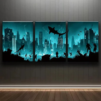 3pcs A City Submerged in the Ocean Blue Dark Wall Art Set Canvas Unframed - High Quality Print 100% Australian Made Wall Canvas