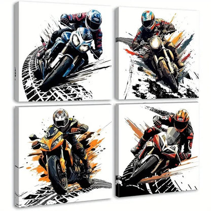 4pcs Retro Cartoon Vehicles Graffiti Motocross Wall Art Canvas Framed