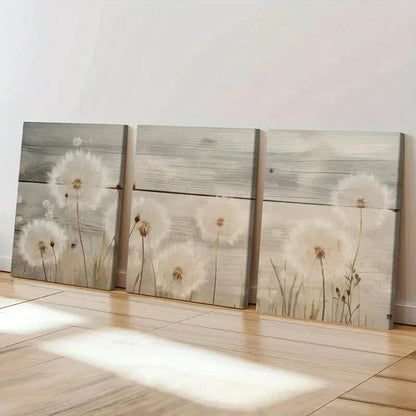 3pcs Rustic Wooden Background Dandelion Floral Wall Art Set Canvas Framed 40x60cm - High Quality Print 100% Australian Made Wall Canvas Ready to Hang