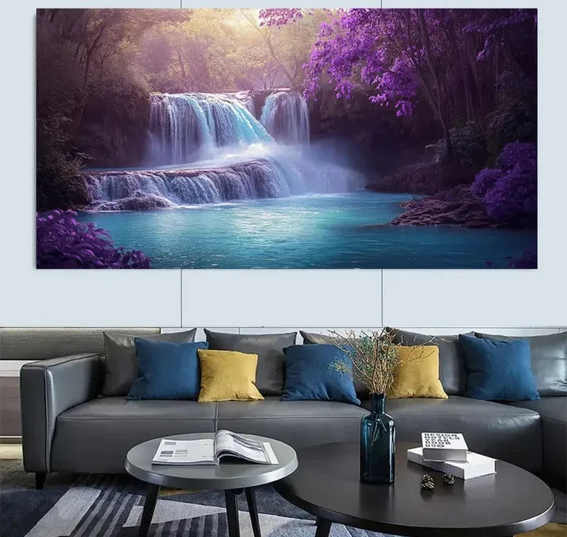 Retro Purple Waterfall Nature Wall Art Canvas Office Home Room Framed 120x60cm