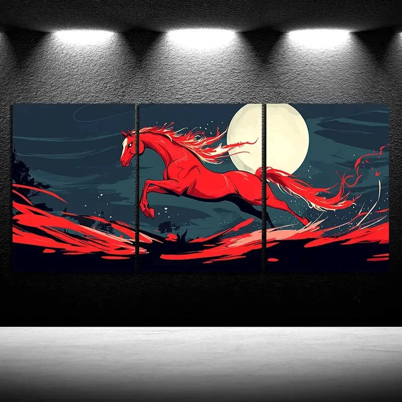 3pcs Horse Jumping Under Moonlight Red Themed Metal Print Ready to Hang Art