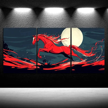 3pcs Horse Jumping Under Moonlight Red Themed Metal Print Ready to Hang Art