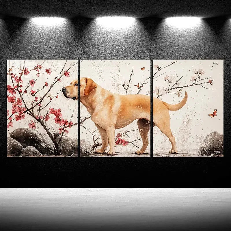 3pcs Dog & Cherry Blossom Modern Metal Print Ready to Hang Art