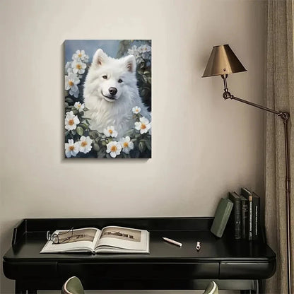 Cute Samoyed Dog with Floral Wreath Painting 40x60cm Metal Print Ready to Hang