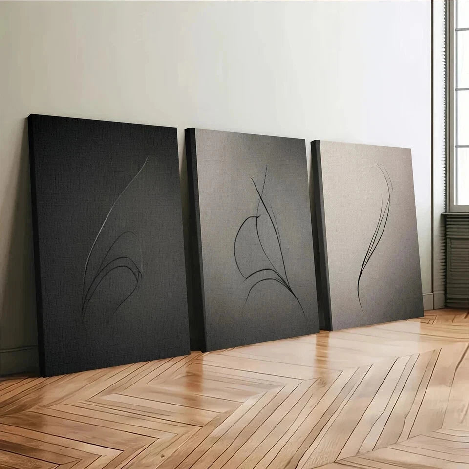 3pcs Art tryptic trendy Abstract Gray Black Line Wall Art Set Canvas Framed 50x70cm - High Quality Print 100% Australian Made Wall Canvas Ready to Hang