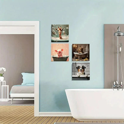 4pcs Featuring Dog, Pig, Bear, Giraffe In Bath Wall Art Canvas Framed