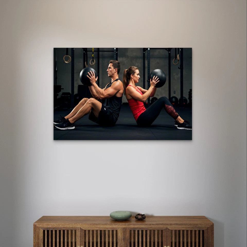 Athletic Couple Doing Core Exercises 5mm Plastic Poster Ready to Hang 90x60cm