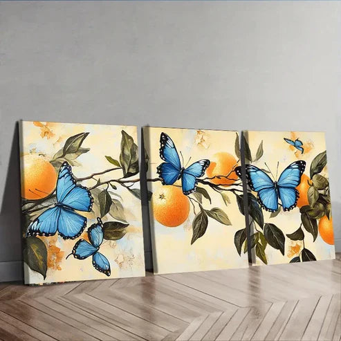 3pcs Blue Butterflies & Orange Trees Can Perfect Wall Art Set Canvas Unframed - High Quality Print 100% Australian Made Wall Canvas