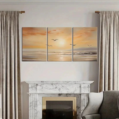 3pcs Coastal Sunset Scene Seagulls Flying Over Metal Print Ready to Hang Art