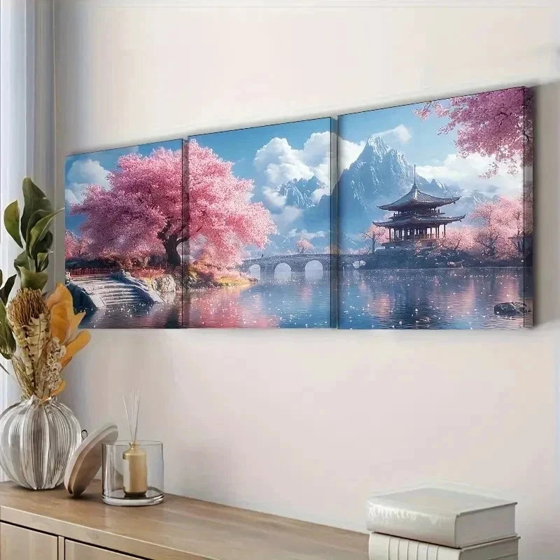 3pcs Pink Cherry Blossom Trees Wall Art Set Canvas Framed 40x60cm - High Quality Print 100% Australian Made Wall Canvas Ready to Hang