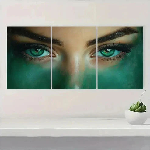 3pcs Green Striped Female Eyes Wall Art Set Canvas Unframed – High Quality Print, 100% Australian Made Wall Canvas