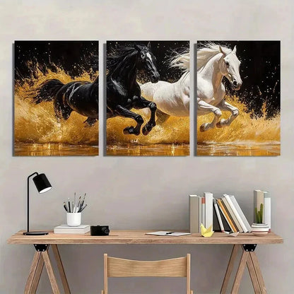 3pcs Black & White Horses with Golden Accents Wall Art Set Canvas Framed 40x60cm - High Quality Print 100% Australian Made Wall Canvas Ready to Hang