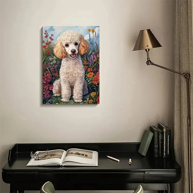 Cute Poodle Dog & Floral Botanical Painting 40x60cm Metal Print Ready to Hang