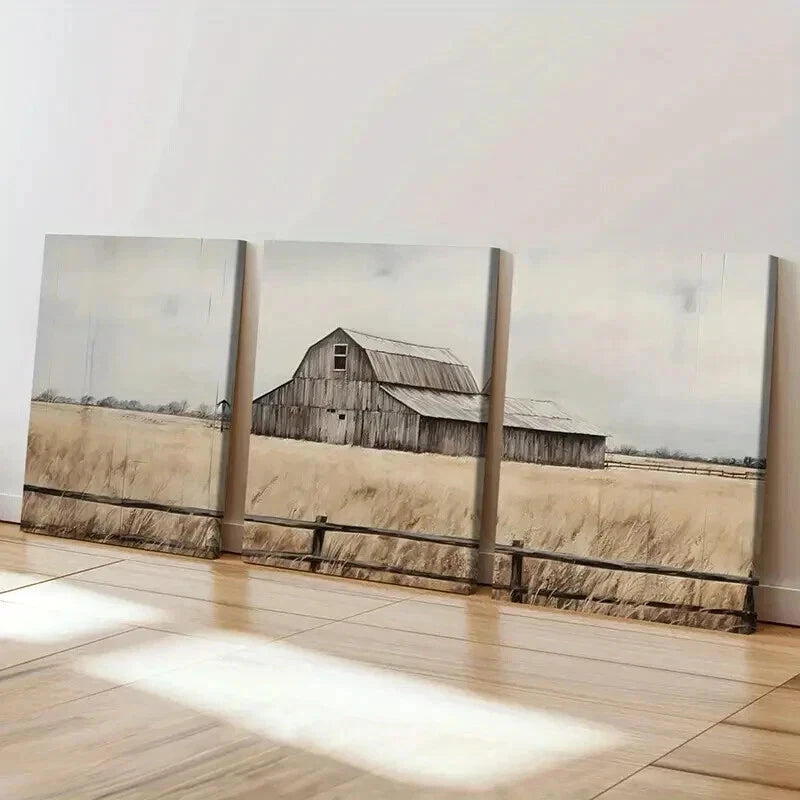 3pcs Rustic Barn Golden Field Wooden Fence Wall Art Set Canvas Framed 40x60cm - High Quality Print 100% Australian Made Wall Canvas Ready to Hang
