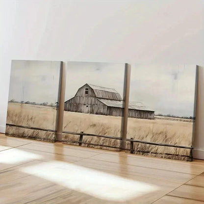 3pcs Rustic Barn Golden Field Wooden Fence Wall Art Set Canvas Framed 40x60cm - High Quality Print 100% Australian Made Wall Canvas Ready to Hang