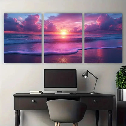 3pcs Beach Sunrise Cotton Candy Pink Perfect Wall Art Set Canvas Framed 40x60cm - High Quality Print 100% Australian Made Wall Canvas Ready to Hang