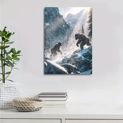 Dreamlike Scene of Gorilla Chasing Snowy Painting 40x60cm Metal Print Ready to Hang