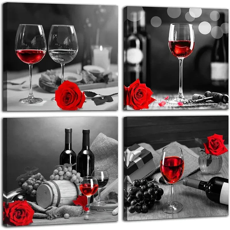 4pcs  Featuring Red Wine, Black And White Modern Wall Art Canvas Framed