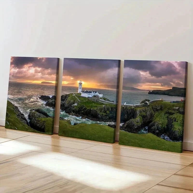 3pcs Irish Coast Scenery Fanad Head Lighthouse Wall Art Set Canvas Framed 40x60cm - High Quality Print 100% Australian Made Wall Canvas Ready to Hang