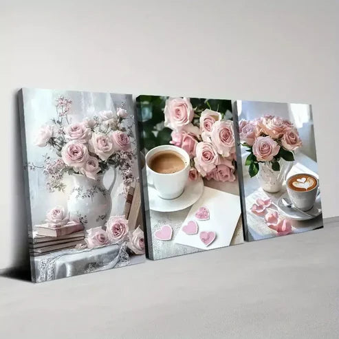3pcs Charming Pink Rose Coffee on a Table Wall Art Canvas Unframed - High Quality Print 100% Australian Made Wall Canvas