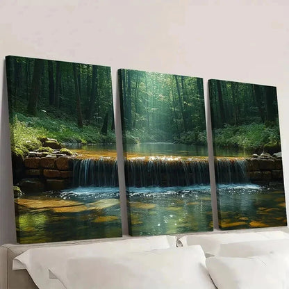 3pcs Water Stream In Green Natural Forest Wall Art Set Canvas Framed 40x60cm - High Quality Print 100% Australian Made Wall Canvas Ready to Hang