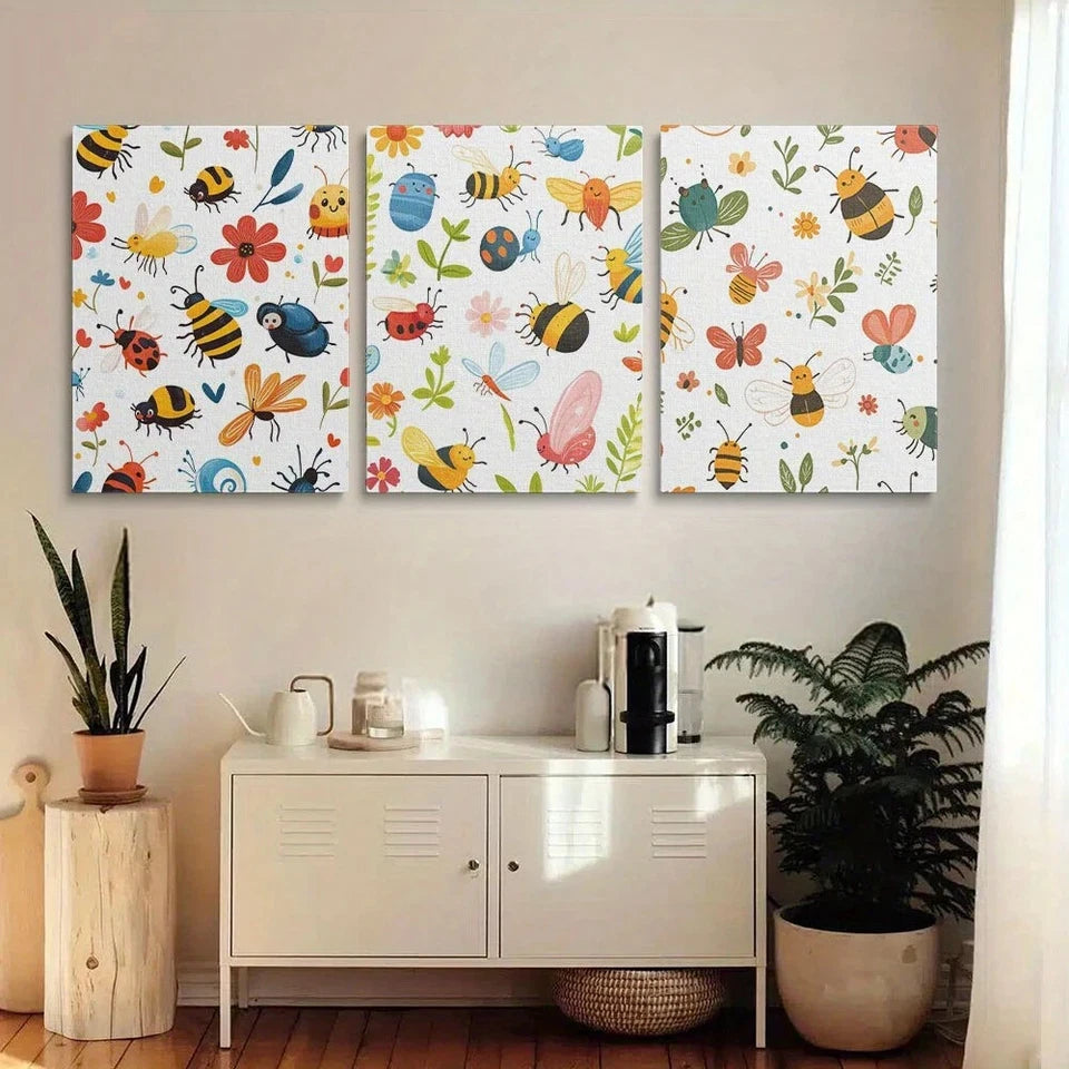 3pcs Whimsical Insect Vibrant Cartoon Bug Patterns Metal Print Ready to Hang Art