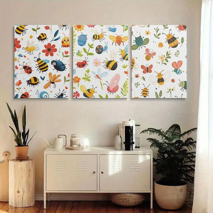 3pcs Whimsical Insect Vibrant Cartoon Bug Patterns Metal Print Ready to Hang Art
