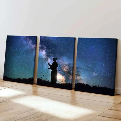 3pcs Starry Night Sky with Silhouette Swordsman Wall Art Set Canvas Framed 40x60cm - High Quality Print 100% Australian Made Wall Canvas Ready to Hang