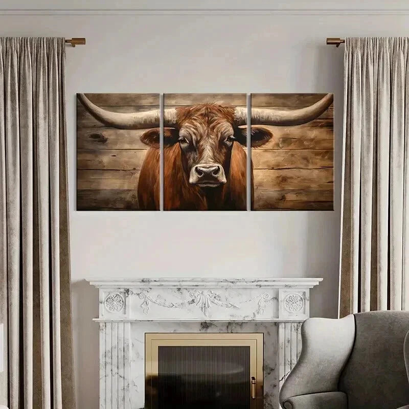 3pcs Vintage Rustic Texas Longhorn Cow Wall Art Set Canvas Framed 40x60cm - High Quality Print 100% Australian Made Wall Canvas Ready to Hang