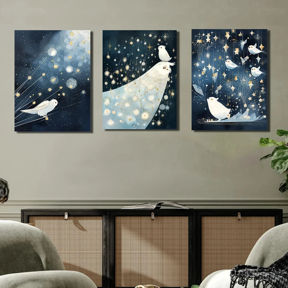 3pcs Night Sky Whimsical Owls & Stars Romantic Metal Print Ready to Hang Art