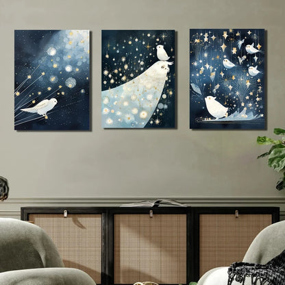3pcs Night Sky Whimsical Owls & Stars Romantic Metal Print Ready to Hang Art