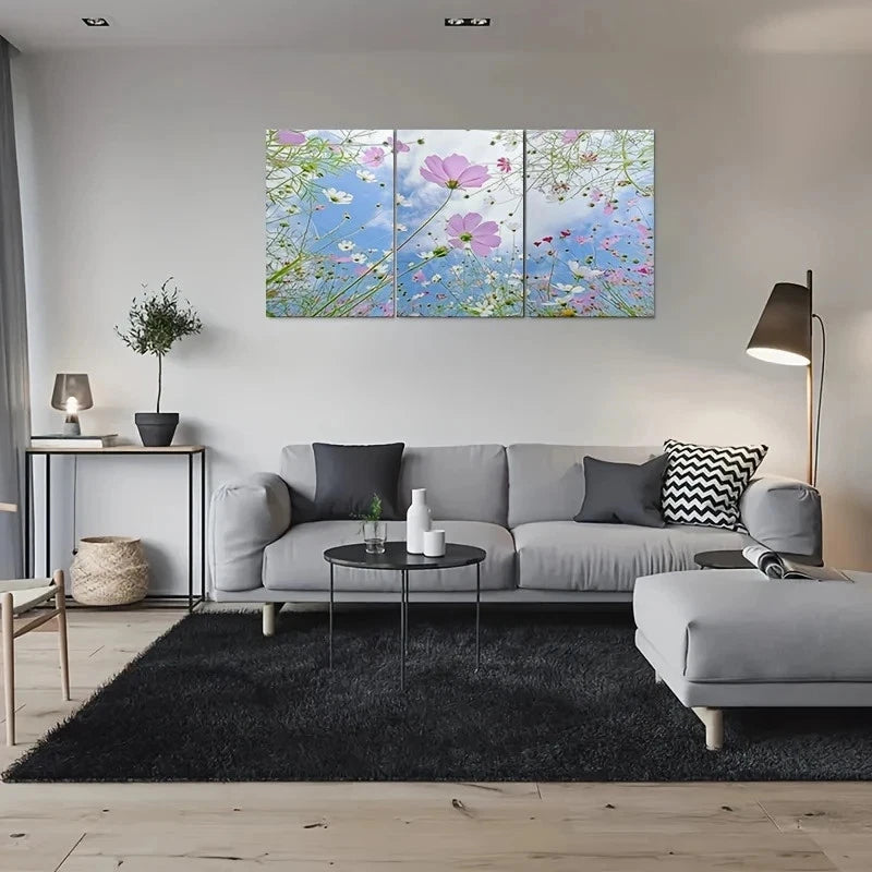 3pcs Pink and White Floral Blue Sky Metal Print Ready to Hang Art