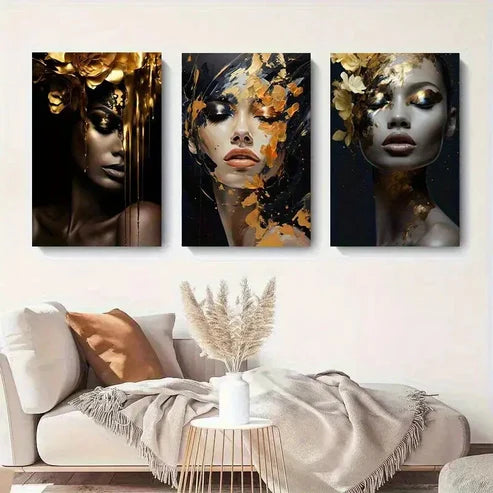 3pcs Golden Floral Portrait Women Décor Perfect Wall Art Set Canvas Unframed - High Quality Print 100% Australian Made Wall Canvas