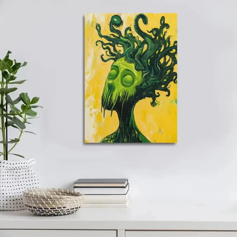 Featuring an Abstract Green Haired Monster Painting 40x60cm Metal Print Ready to Hang