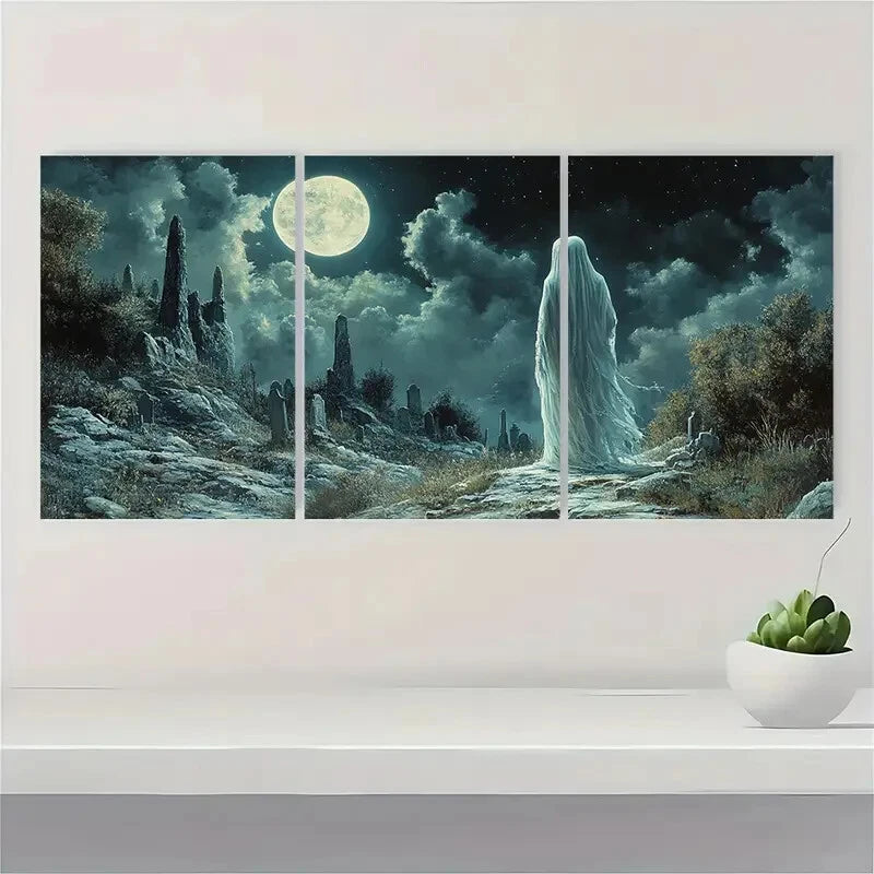 3pcs Halloween Veiled in Cemetery Metal Print Ready to Hang Art