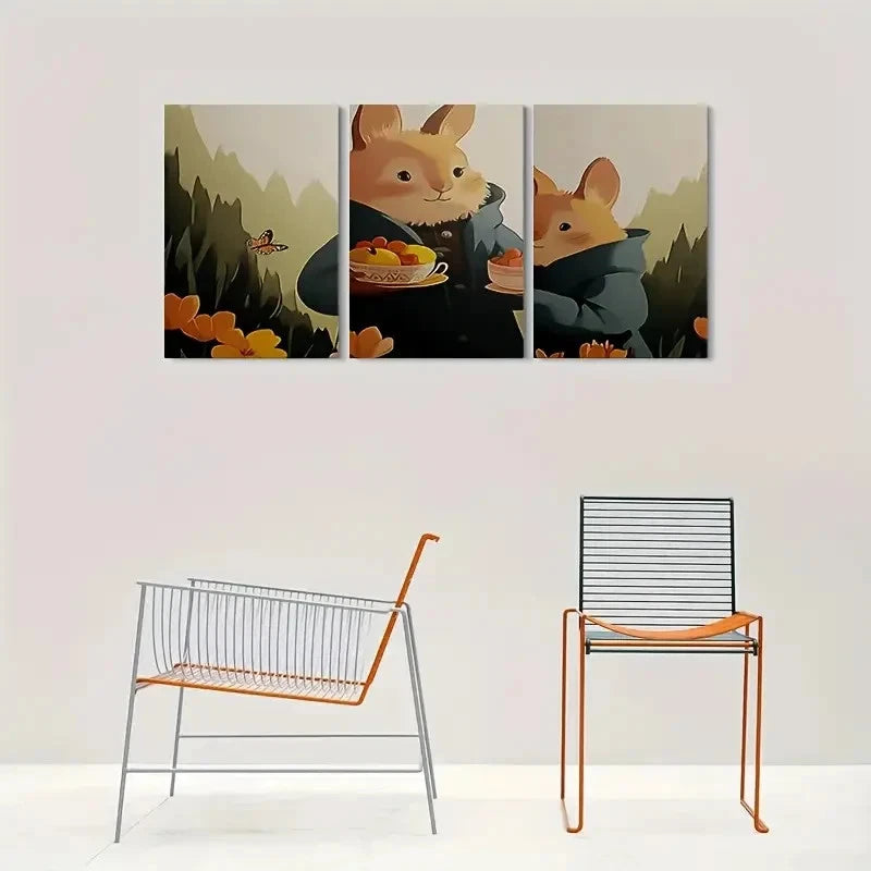 3pcs Whimsical Rabbit Family Cute Animal Metal Print Ready to Hang Art