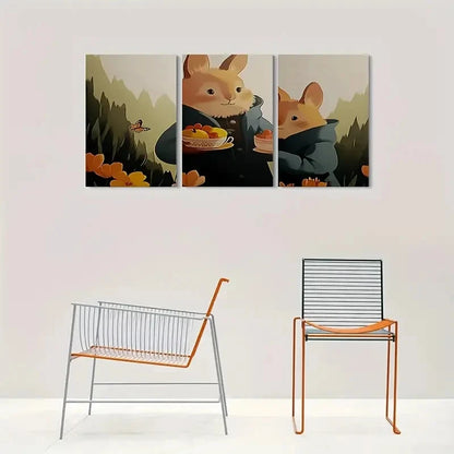 3pcs Whimsical Rabbit Family Cute Animal Metal Print Ready to Hang Art