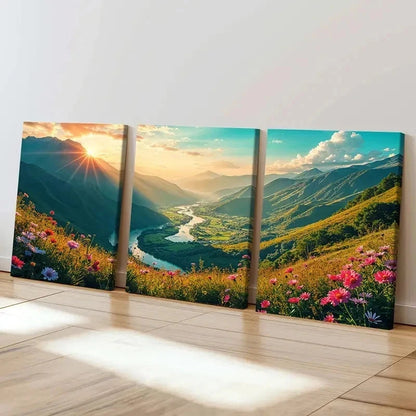 3pcs Valley Under Sunset Nature Scenery Wall Art Set Canvas Framed 40x60cm - High Quality Print 100% Australian Made Wall Canvas Ready to Hang